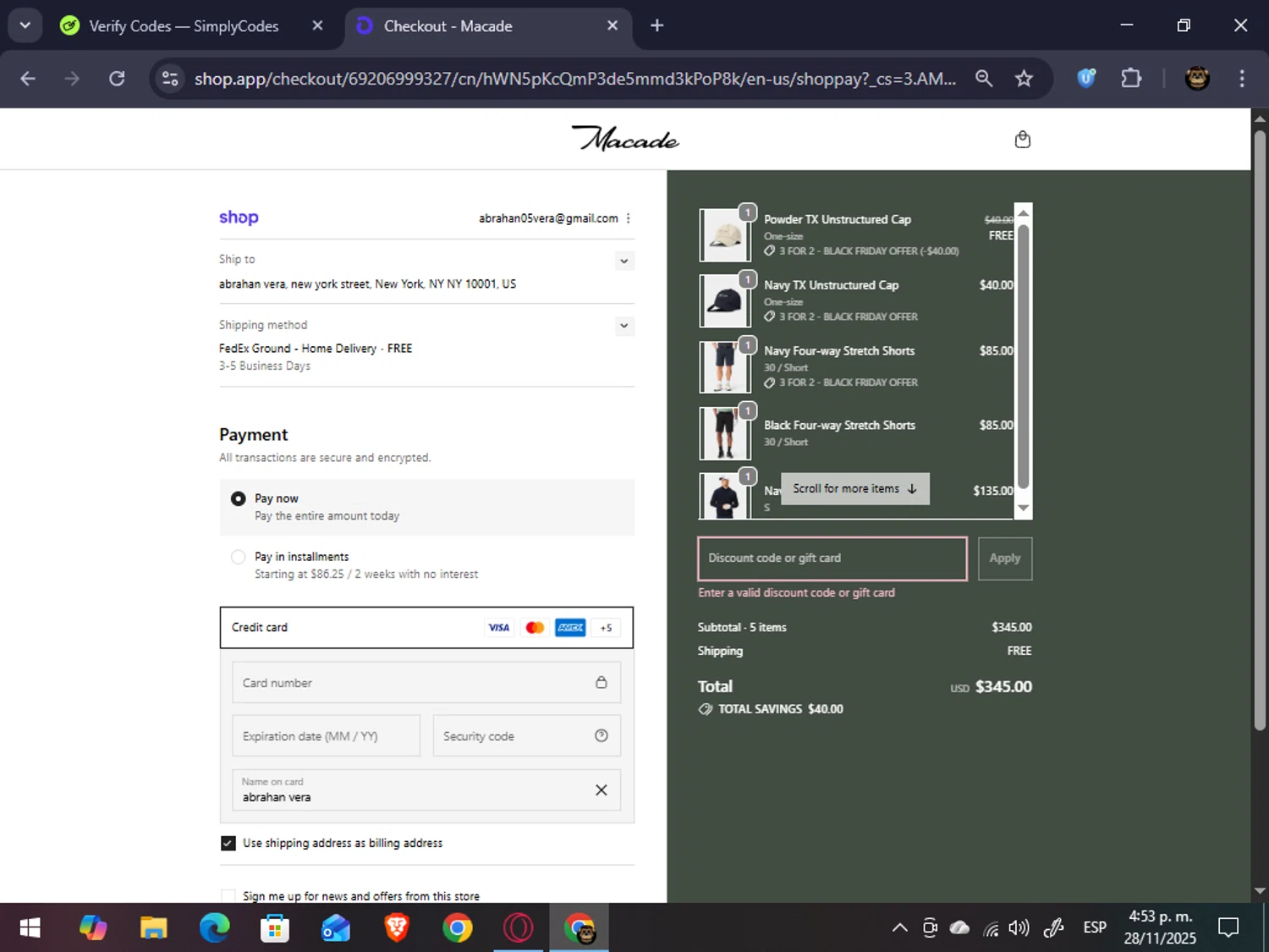 Macade Golf discount code screenshot showing code ForMembersOnly2025 applied at Macade Golf checkout page. Uploaded by SimplyCodes community member abrahanv on Nov 28, 2025