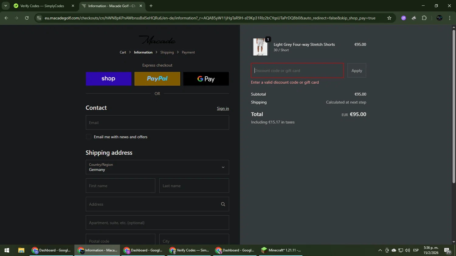 Macade Golf discount code screenshot showing code 3FOR2 applied at Macade Golf checkout page. Uploaded by SimplyCodes community member CarmenVGR on Feb 15, 2026