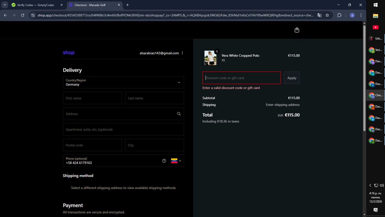 Macade Golf discount code screenshot showing code 3FOR2 applied at Macade Golf checkout page. Uploaded by SimplyCodes community member CouponGuardian8137 on Feb 13, 2026