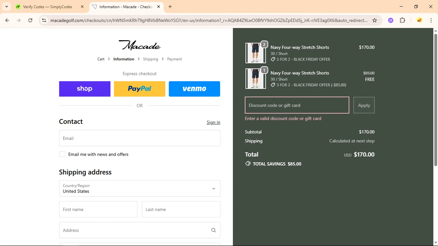 Macade Golf discount code screenshot showing code 9FOR6 applied at Macade Golf checkout page. Uploaded by SimplyCodes community member Ranita_de_agua on Nov 27, 2025