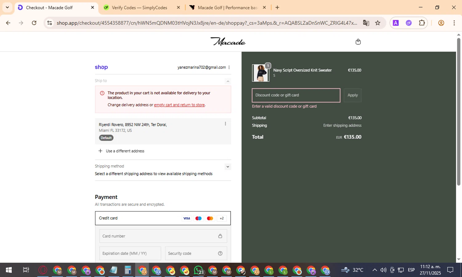 Macade Golf discount code screenshot showing code 9FOR6 applied at Macade Golf checkout page. Uploaded by SimplyCodes community member TreasurePro466 on Nov 27, 2025