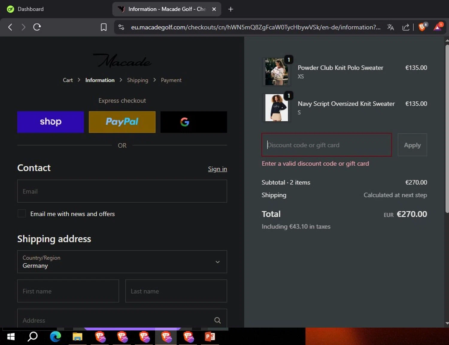 Macade Golf discount code screenshot showing code 6FOR4 applied at Macade Golf checkout page. Uploaded by SimplyCodes community member Nectar on Nov 27, 2025