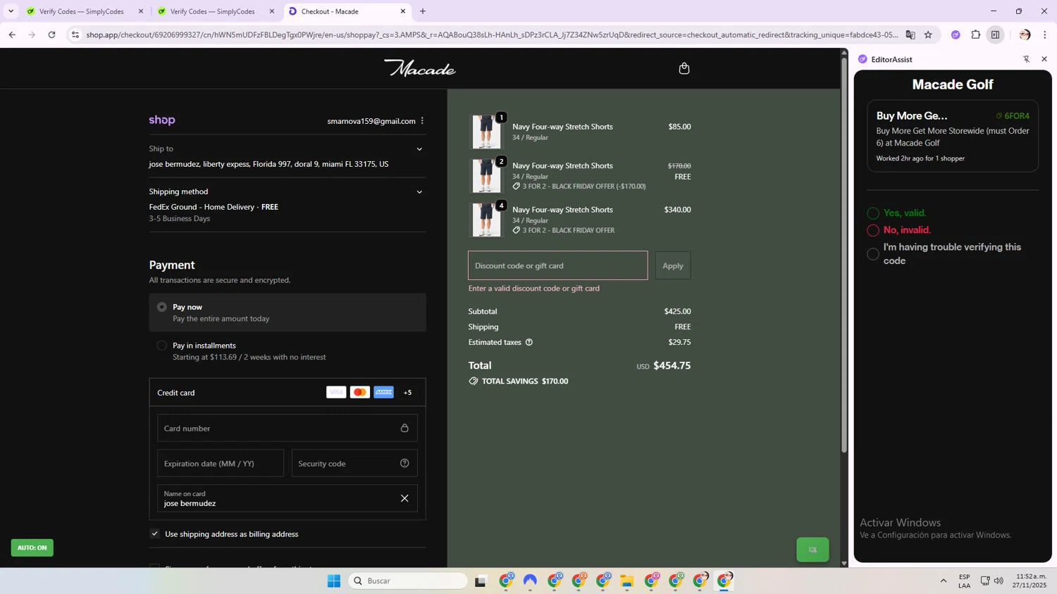 Macade Golf discount code screenshot showing code 6FOR4 applied at Macade Golf checkout page. Uploaded by SimplyCodes community member diossanto0421 on Nov 27, 2025