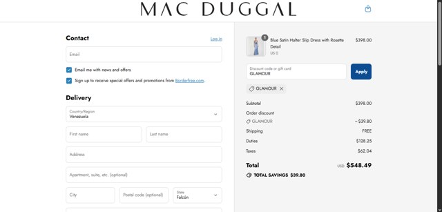 Mac Duggal checkout page showing Mac Duggal discount code box | Screenshot taken by SimplyCodes community member on Aug 17, 2025