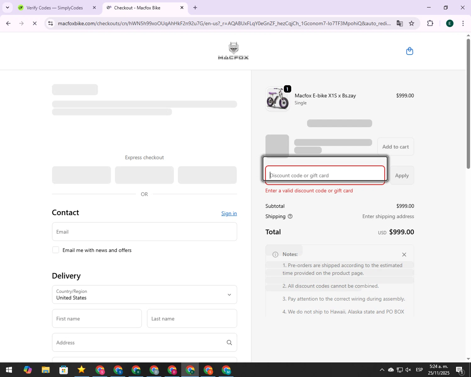 Macfoxbike promo code screenshot showing code julian130 applied at Macfoxbike checkout page. Uploaded by SimplyCodes community member 00000006 on Nov 25, 2025