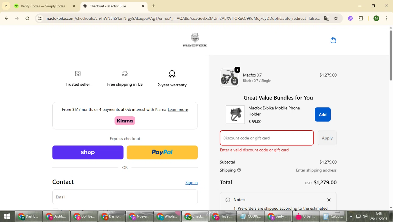 Macfoxbike promo code screenshot showing code julian130 applied at Macfoxbike checkout page. Uploaded by SimplyCodes community member loversuper on Nov 25, 2025