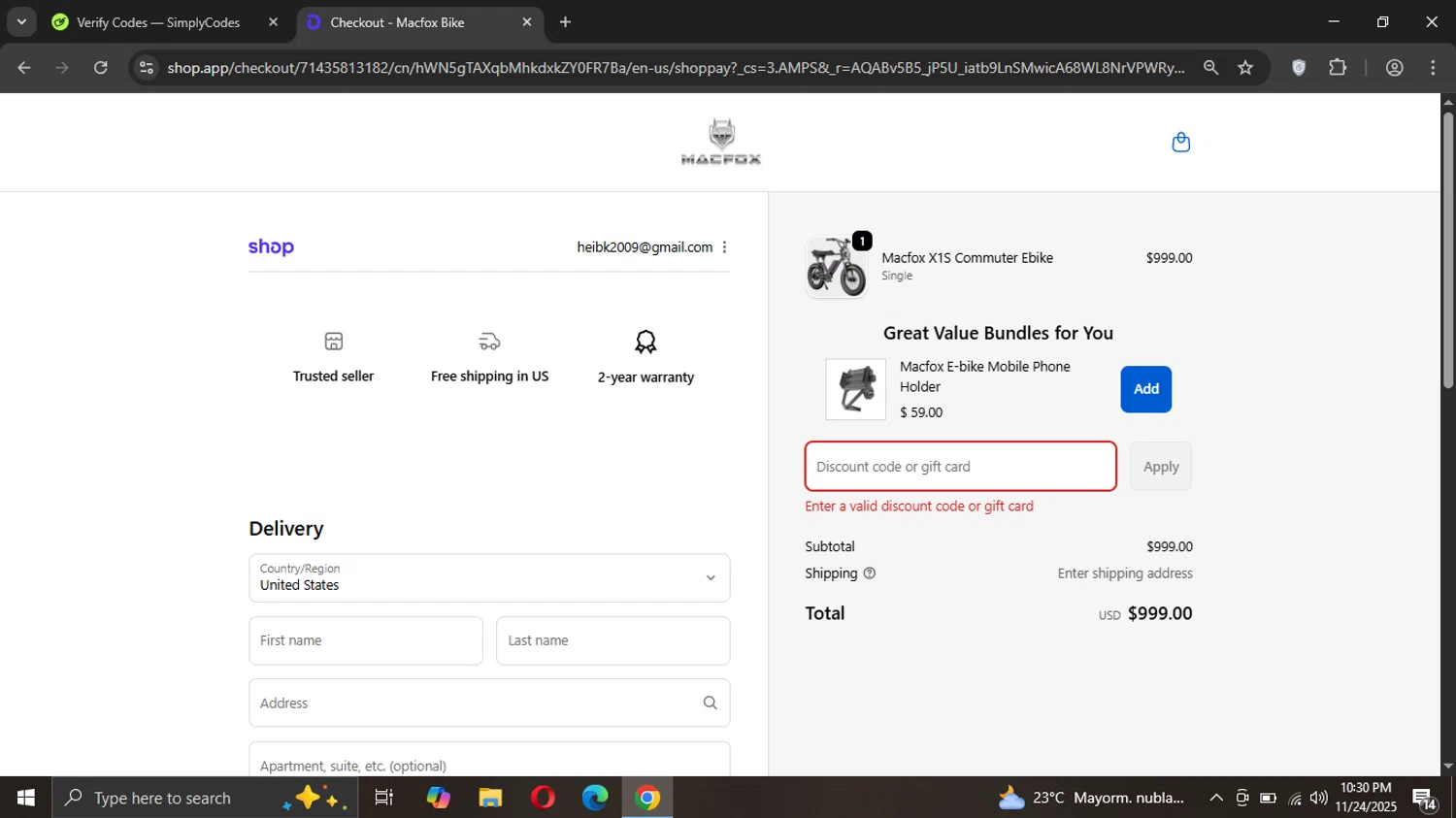 Macfoxbike promo code screenshot showing code BLJELLY120 applied at Macfoxbike checkout page. Uploaded by SimplyCodes community member Sargentofrost on Nov 25, 2025