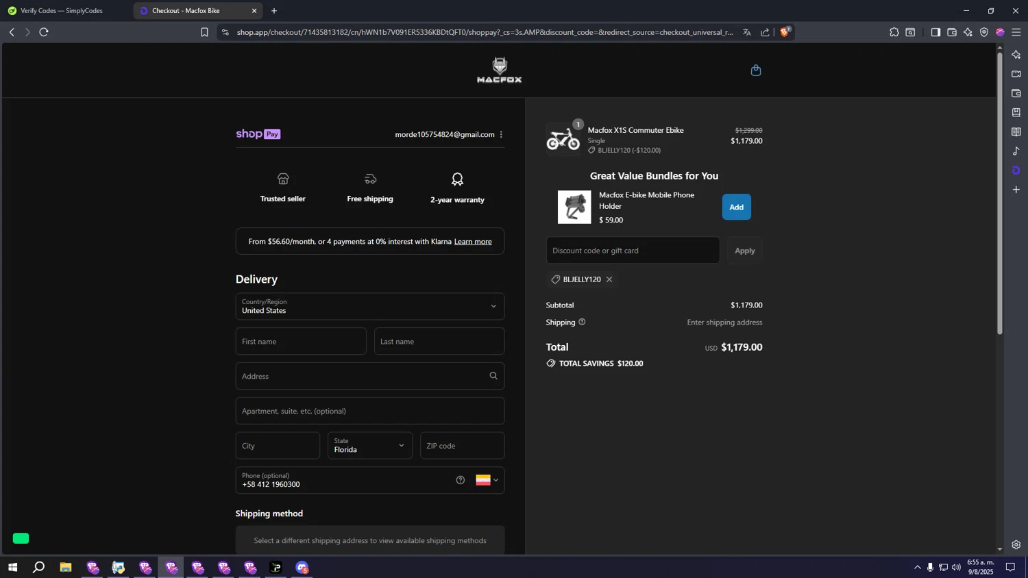 Macfoxbike promo code screenshot showing code BLJELLY120 applied at Macfoxbike checkout page. Uploaded by SimplyCodes community member lllllllllllllll on Aug 9, 2025