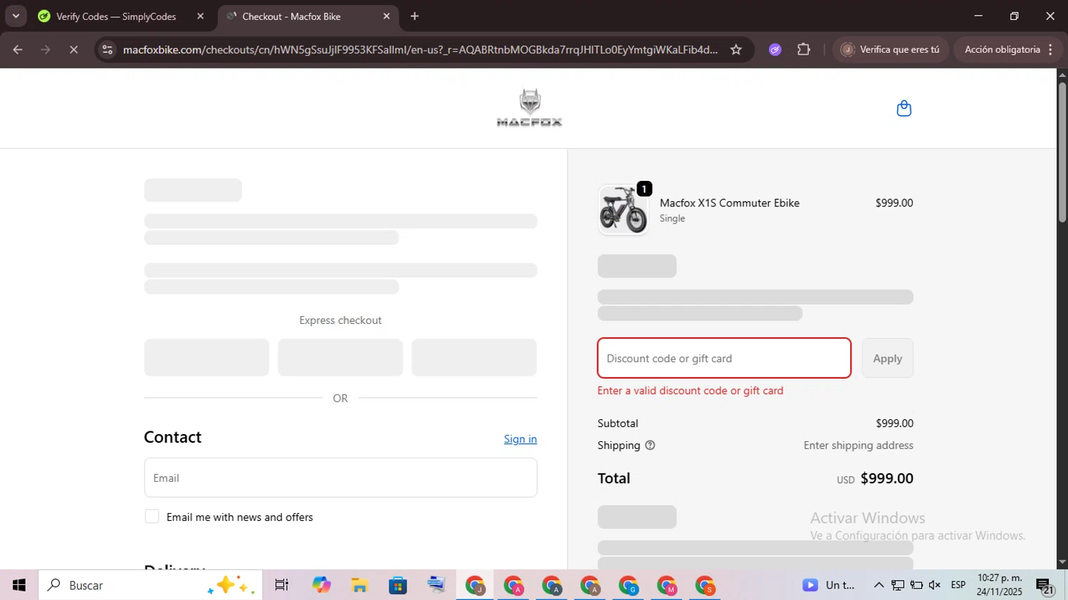 Macfoxbike promo code screenshot showing code DCBX1 applied at Macfoxbike checkout page. Uploaded by SimplyCodes community member CrownChaser949 on Nov 25, 2025