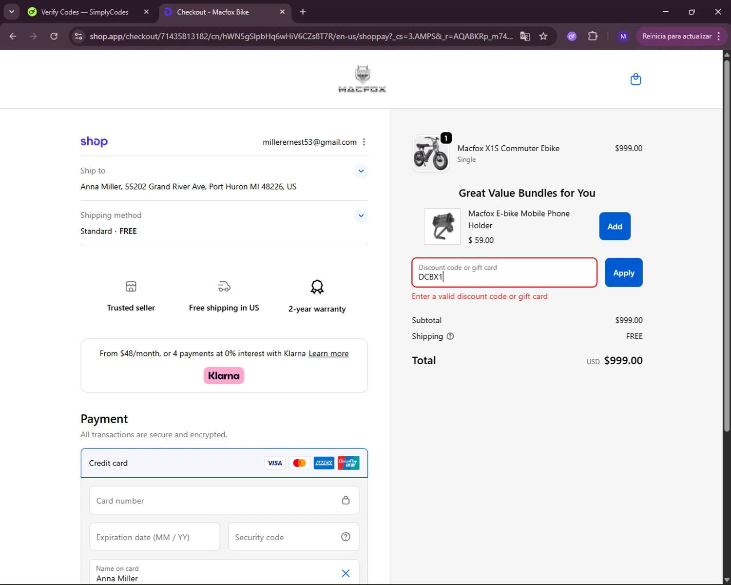 Macfoxbike promo code screenshot showing code DCBX1 applied at Macfoxbike checkout page. Uploaded by SimplyCodes community member RewardLynx5307 on Nov 25, 2025