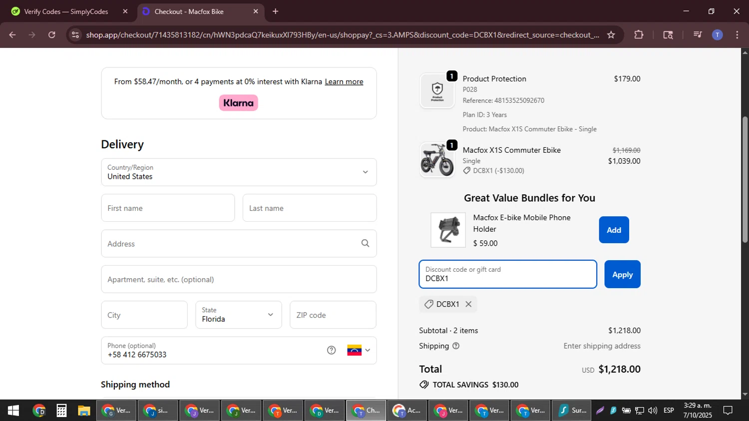 Macfoxbike promo code screenshot showing code DCBX1 applied at Macfoxbike checkout page. Uploaded by SimplyCodes community member snidertom8 on Oct 7, 2025