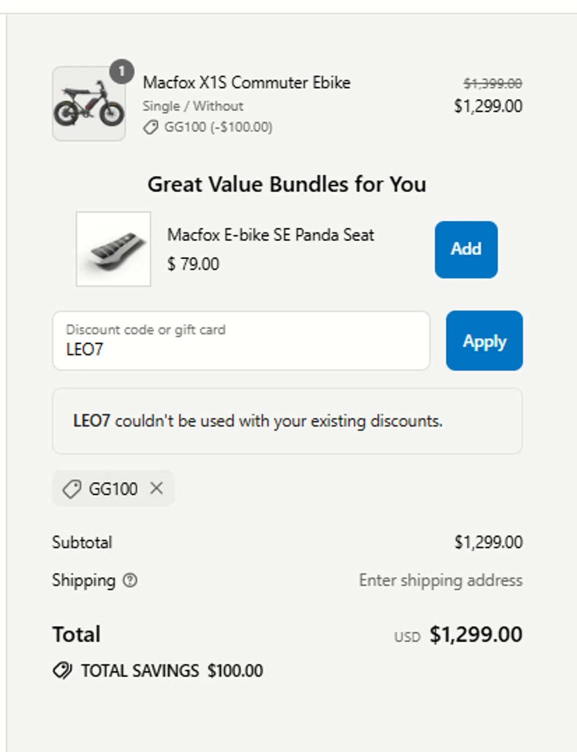 Macfoxbike promo code screenshot showing code LEO7 applied at Macfoxbike checkout page. Uploaded by SimplyCodes community member mangoBajito1543 on Jul 3, 2025
