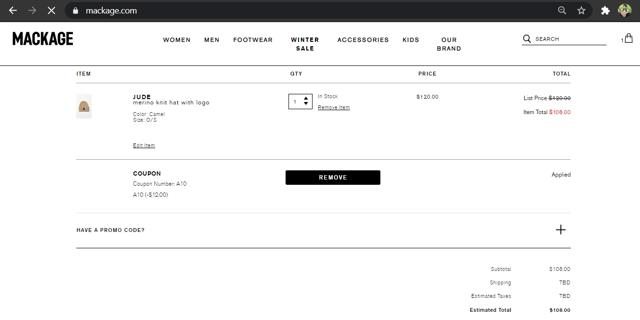 Mackage checkout page showing Mackage promo code box | Screenshot taken by SimplyCodes community member on Jan 15, 2021