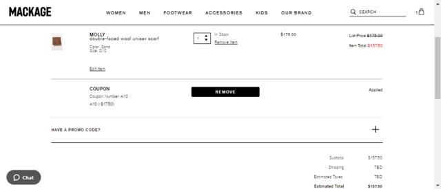 Mackage checkout page showing Mackage promo code box | Screenshot taken by SimplyCodes community member on Dec 16, 2020