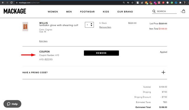 Mackage checkout page showing Mackage promo code box | Screenshot taken by SimplyCodes community member on Oct 21, 2021