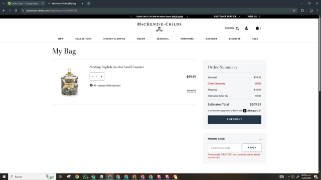 Mackenzie-Childs checkout page showing Mackenzie-Childs promo code box | Screenshot taken by SimplyCodes community member on Apr 14, 2025