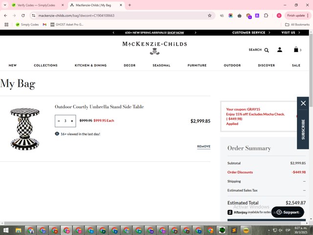 Mackenzie-Childs checkout page showing Mackenzie-Childs promo code box | Screenshot taken by SimplyCodes community member on Mar 30, 2025