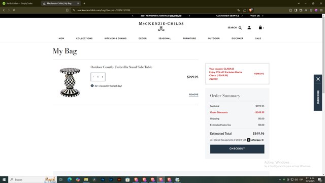 Mackenzie-Childs checkout page showing Mackenzie-Childs promo code box | Screenshot taken by SimplyCodes community member on Mar 31, 2025