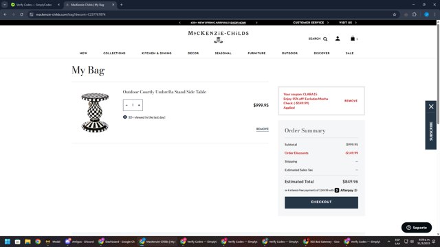 Mackenzie-Childs checkout page showing Mackenzie-Childs promo code box | Screenshot taken by SimplyCodes community member on Mar 31, 2025