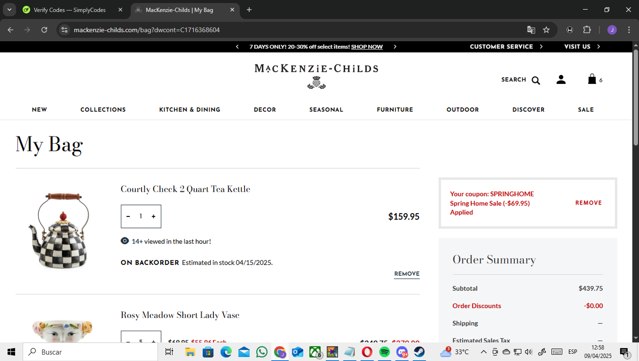 Mackenzie-Childs checkout page showing Mackenzie-Childs promo code box | Screenshot taken by SimplyCodes community member on Apr 9, 2025