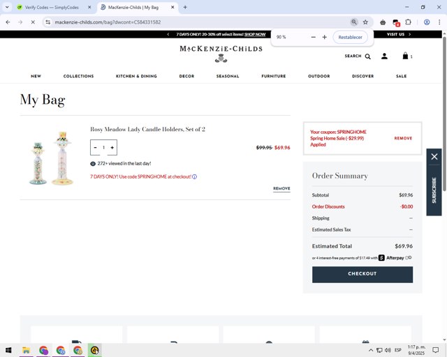 Mackenzie-Childs checkout page showing Mackenzie-Childs promo code box | Screenshot taken by SimplyCodes community member on Apr 9, 2025
