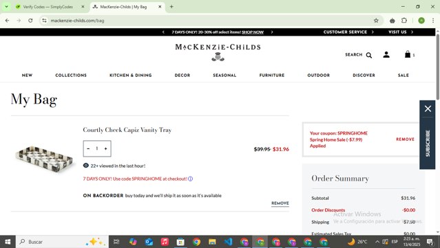 Mackenzie-Childs checkout page showing Mackenzie-Childs promo code box | Screenshot taken by SimplyCodes community member on Apr 13, 2025