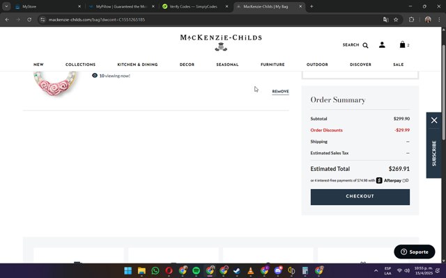 Mackenzie-Childs checkout page showing Mackenzie-Childs promo code box | Screenshot taken by SimplyCodes community member on Apr 16, 2025