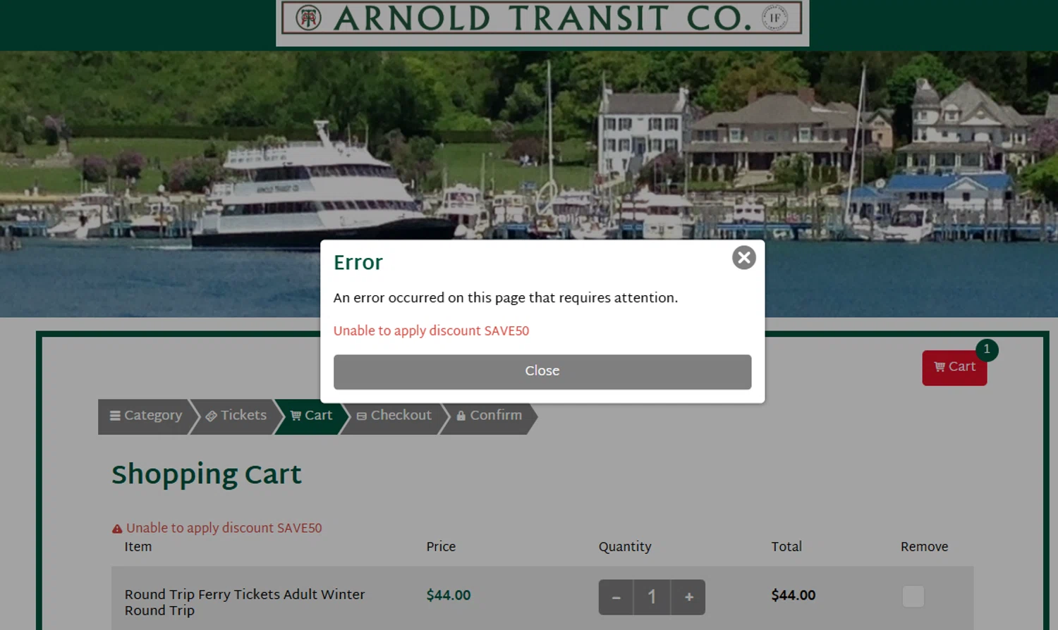Mackinac Island Ferry promo code screenshot showing code SAVE50 applied at Mackinac Island Ferry checkout page. Uploaded by SimplyCodes community member MoneyScout2554 on Mar 26, 2025