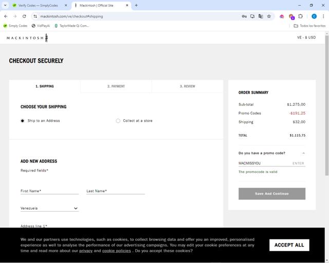 Mackintosh checkout page showing Mackintosh promo code box | Screenshot taken by SimplyCodes community member on Oct 24, 2024