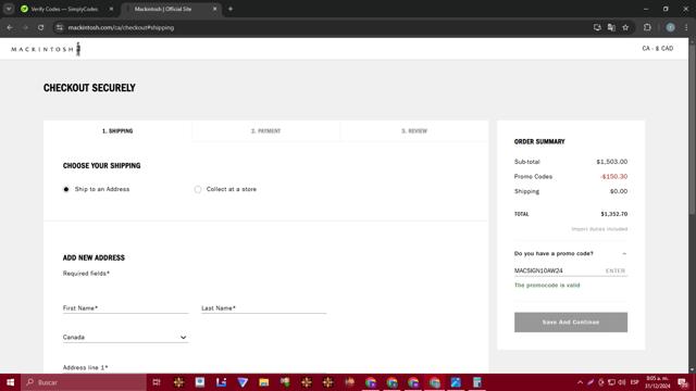 Mackintosh checkout page showing Mackintosh promo code box | Screenshot taken by SimplyCodes community member on Dec 31, 2024
