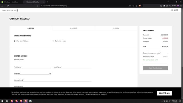 Mackintosh checkout page showing Mackintosh promo code box | Screenshot taken by SimplyCodes community member on Feb 4, 2025
