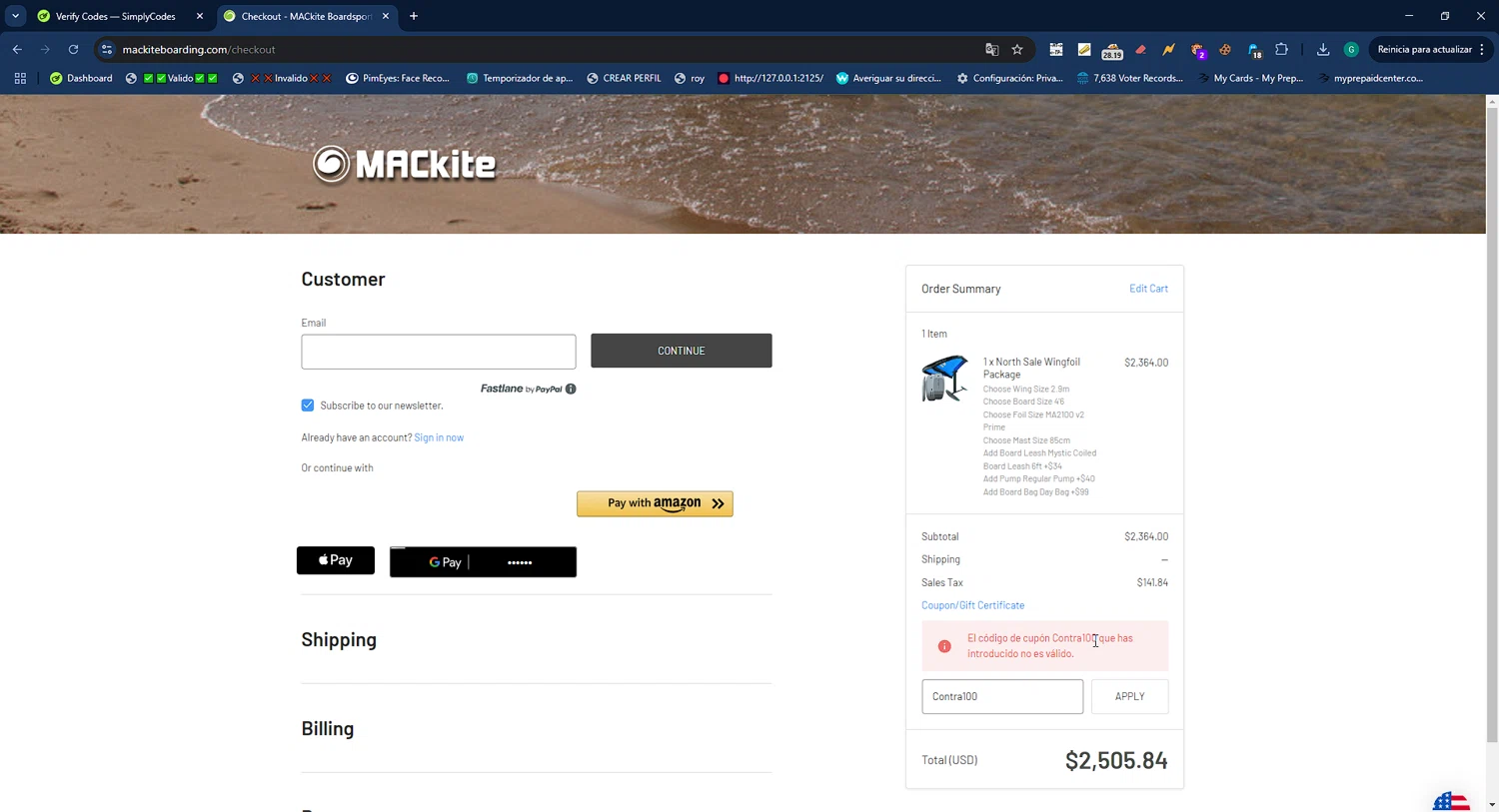 MACkite Boardsports promo code screenshot showing code Contra100 applied at MACkite Boardsports checkout page. Uploaded by SimplyCodes community member WiseMaestro7997 on Feb 25, 2025