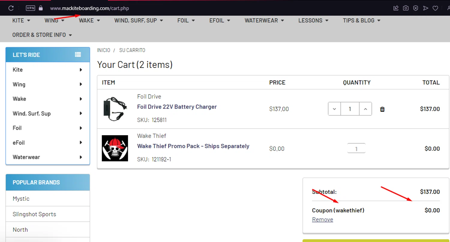 MACkite Boardsports checkout page showing MACkite Boardsports promo code box | Screenshot taken by SimplyCodes community member on Aug 25, 2024