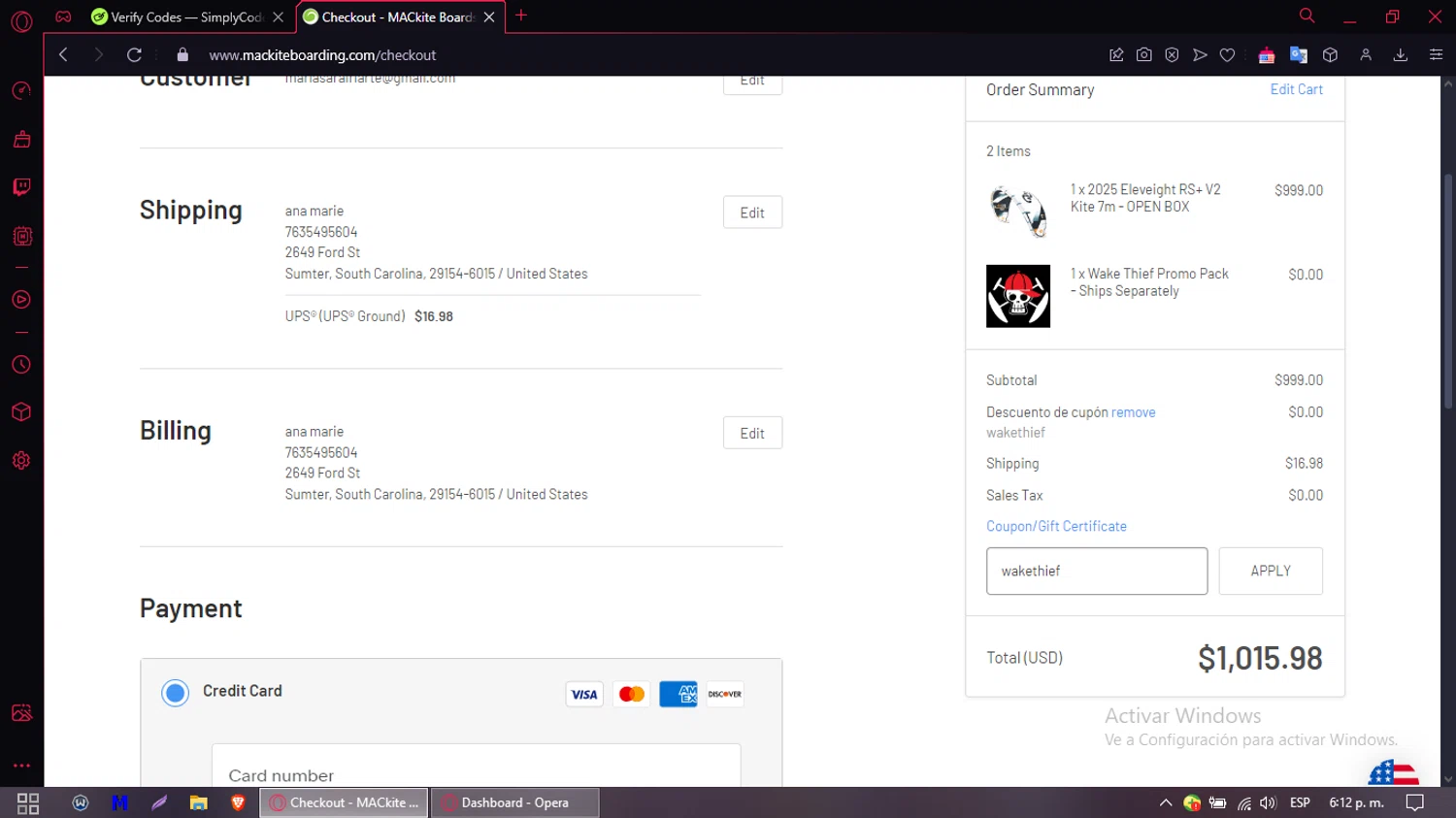 MACkite Boardsports promo code screenshot showing code wakethief applied at MACkite Boardsports checkout page. Uploaded by SimplyCodes community member MoneySentinel1166 on Jan 5, 2025