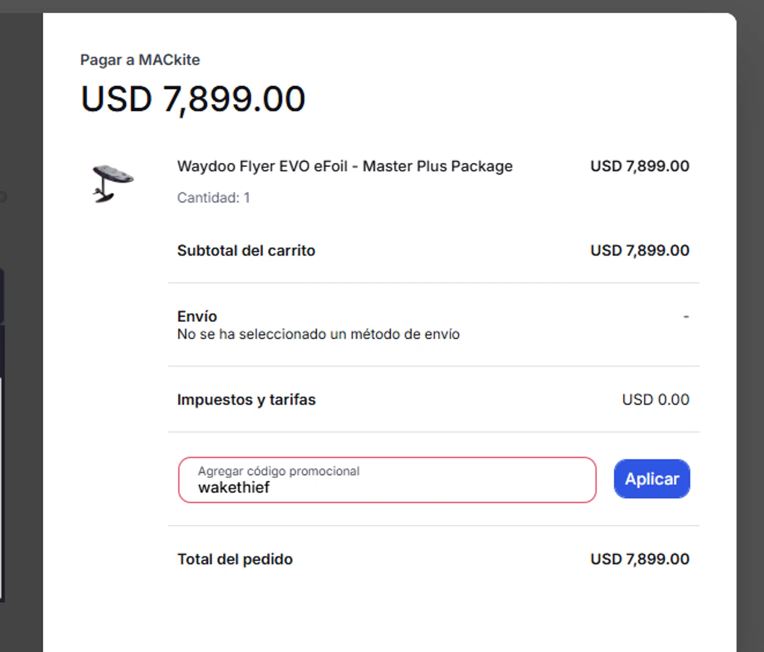 MACkite Boardsports promo code screenshot showing code wakethief applied at MACkite Boardsports checkout page. Uploaded by SimplyCodes community member Eduard on Jan 5, 2025