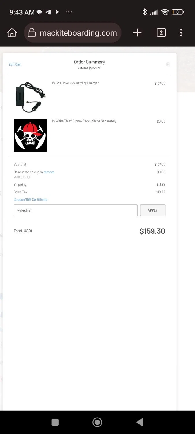 MACkite Boardsports checkout page showing MACkite Boardsports promo code box | Screenshot taken by SimplyCodes community member on Aug 19, 2024
