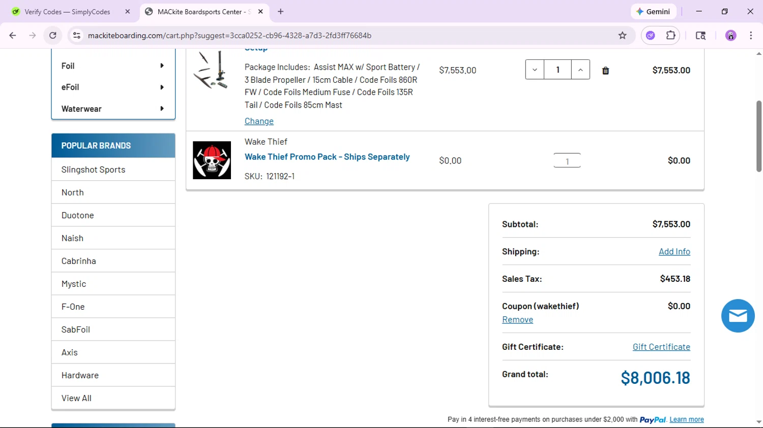 MACkite Boardsports checkout page showing MACkite Boardsports promo code box | Screenshot taken by SimplyCodes community member on Feb 15, 2026