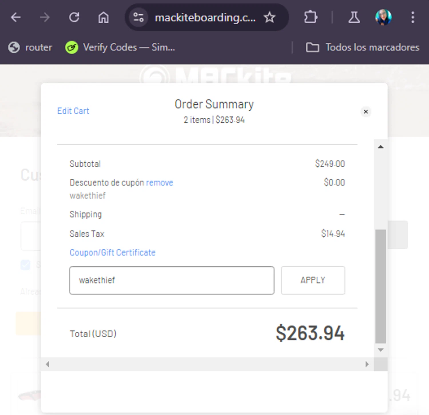 MACkite Boardsports checkout page showing MACkite Boardsports promo code box | Screenshot taken by SimplyCodes community member on Sep 11, 2024