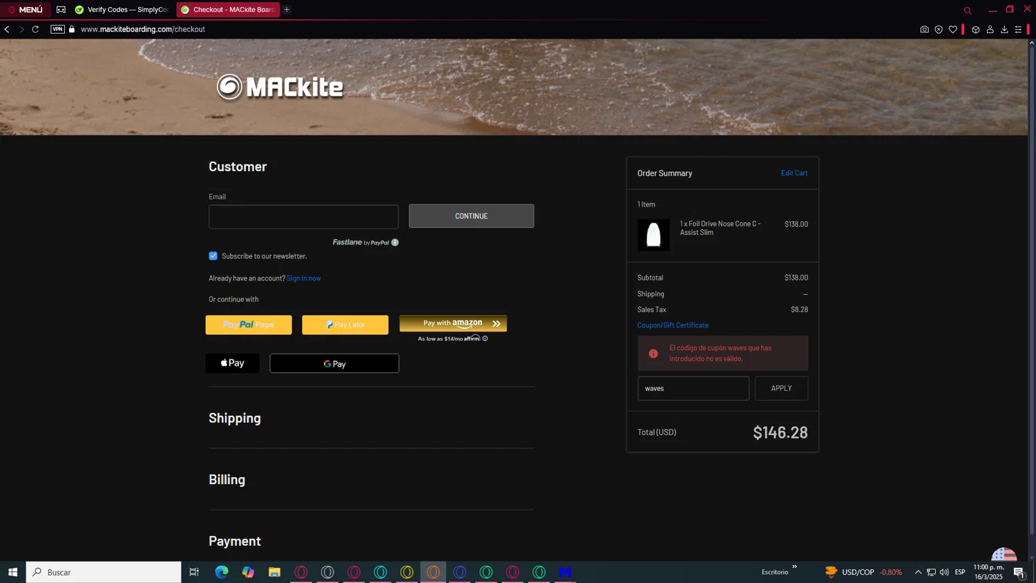 MACkite Boardsports promo code screenshot showing code waves applied at MACkite Boardsports checkout page. Uploaded by SimplyCodes community member SaleCurator1460 on Mar 17, 2025