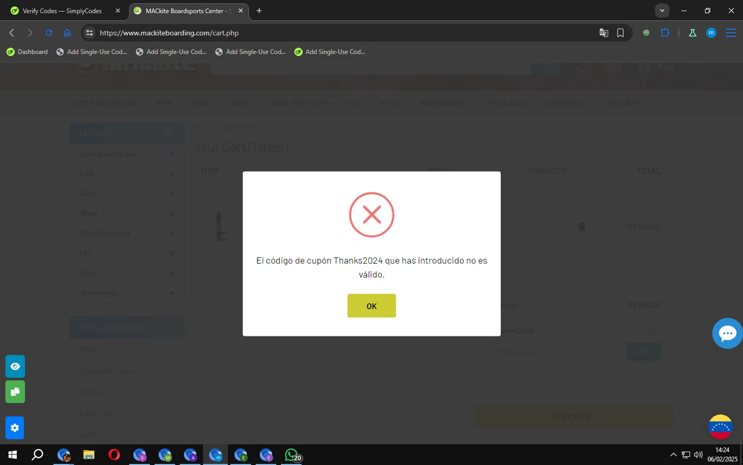 MACkite Boardsports promo code screenshot showing code Thanks2024 applied at MACkite Boardsports checkout page. Uploaded by SimplyCodes community member ____5846217452615 on Feb 6, 2025