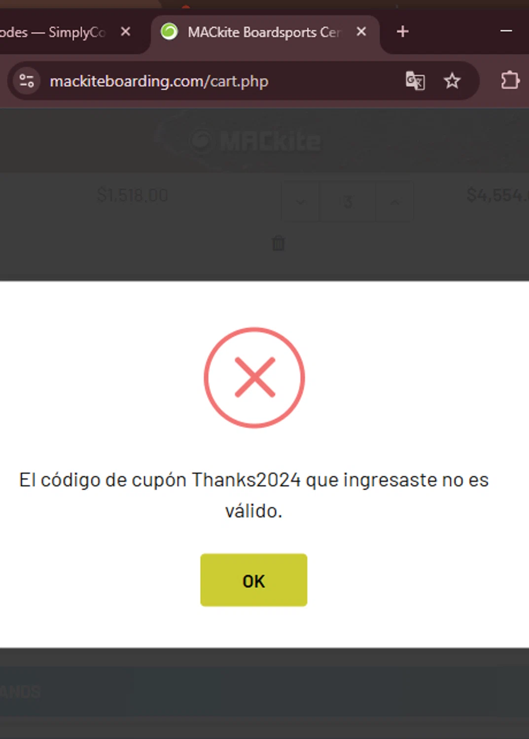MACkite Boardsports promo code screenshot showing code Thanks2024 applied at MACkite Boardsports checkout page. Uploaded by SimplyCodes community member CashCollector6189 on Feb 6, 2025