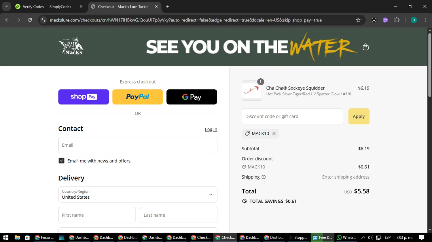 Mack’s Lure Tackle promo code screenshot showing code MACK10 applied at Mack’s Lure Tackle checkout page. Uploaded by SimplyCodes community member LuckyDefender9428 on Jul 27, 2025