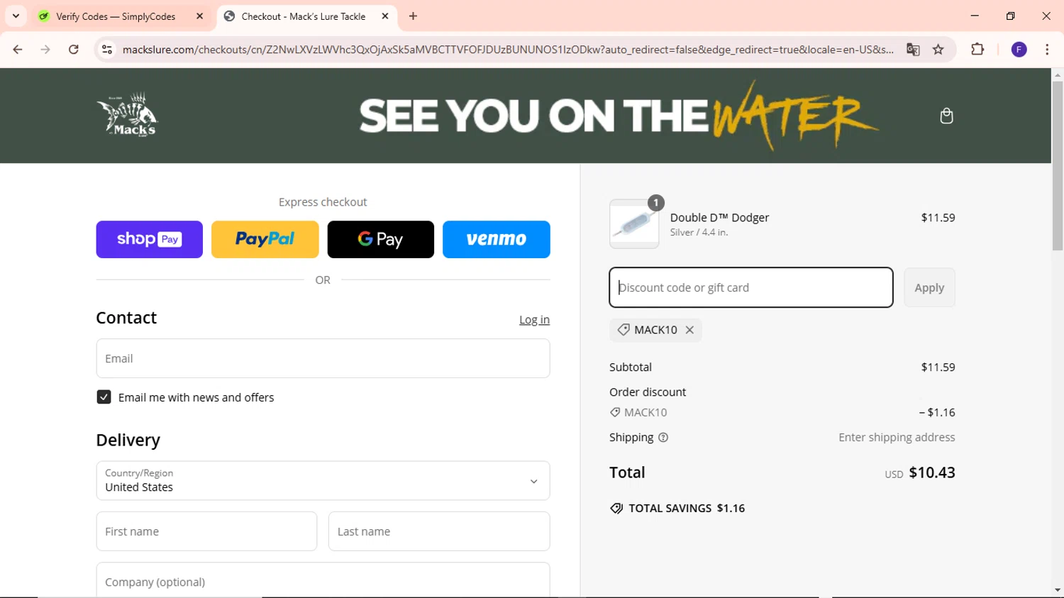 Mack’s Lure Tackle promo code screenshot showing code MACK10 applied at Mack’s Lure Tackle checkout page. Uploaded by SimplyCodes community member MightyCaptain635 on Mar 10, 2025