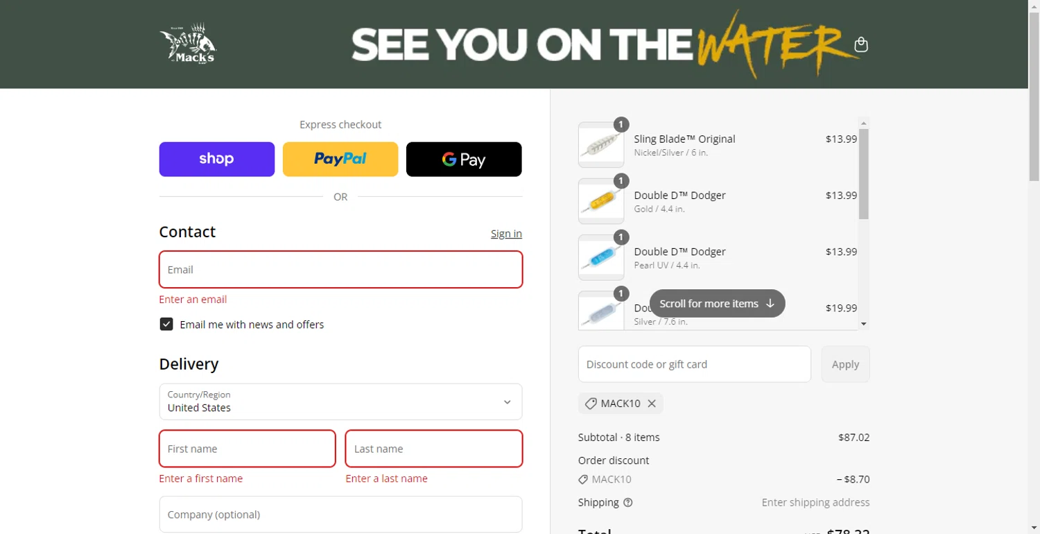 Mack’s Lure Tackle promo code screenshot showing code MACK10 applied at Mack’s Lure Tackle checkout page. Uploaded by SimplyCodes community member ShieldLion4225 on Sep 12, 2025