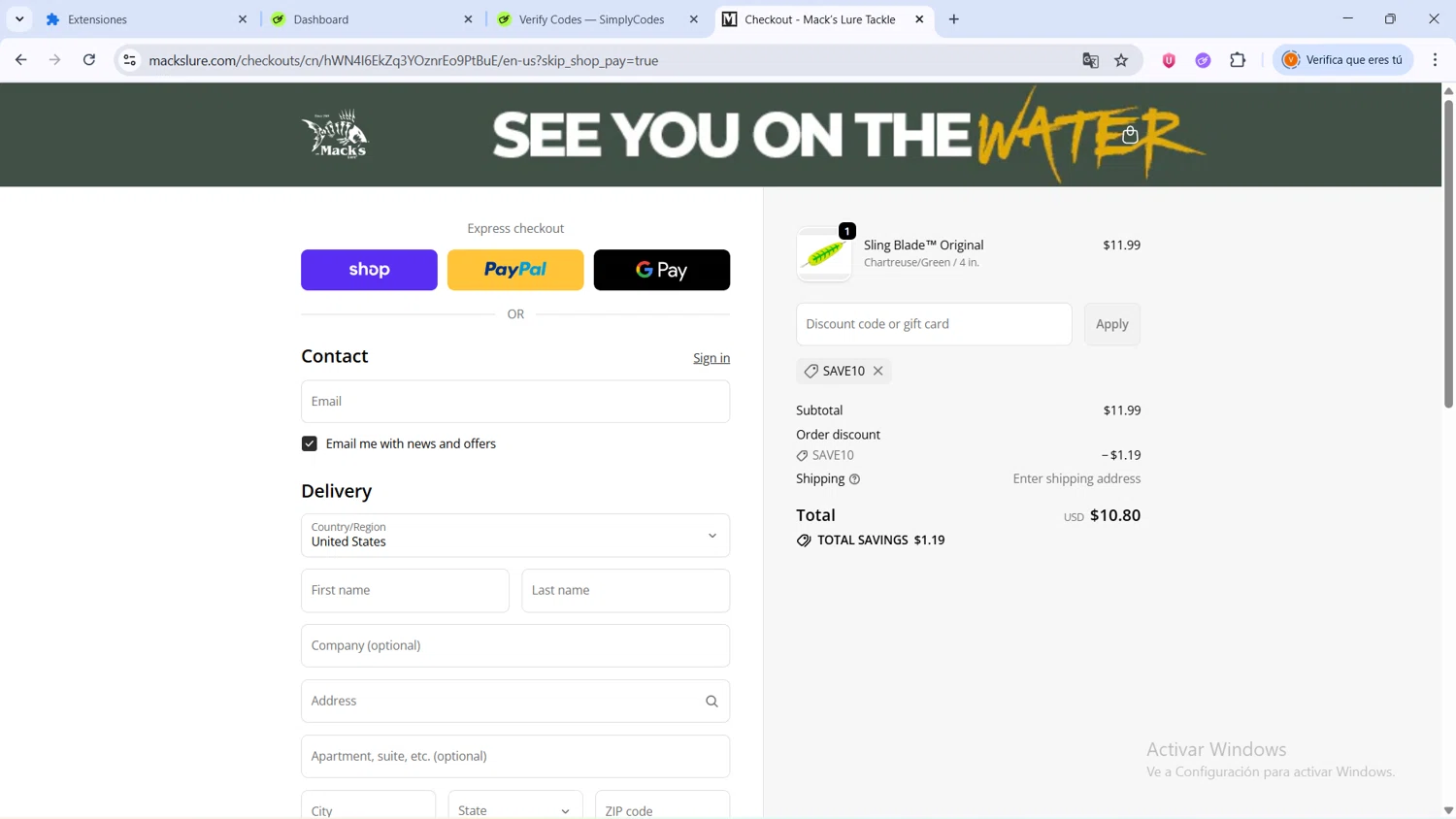 Mack’s Lure Tackle promo code screenshot showing code SAVE10 applied at Mack’s Lure Tackle checkout page. Uploaded by SimplyCodes community member BrilliantLion4485 on Oct 19, 2025
