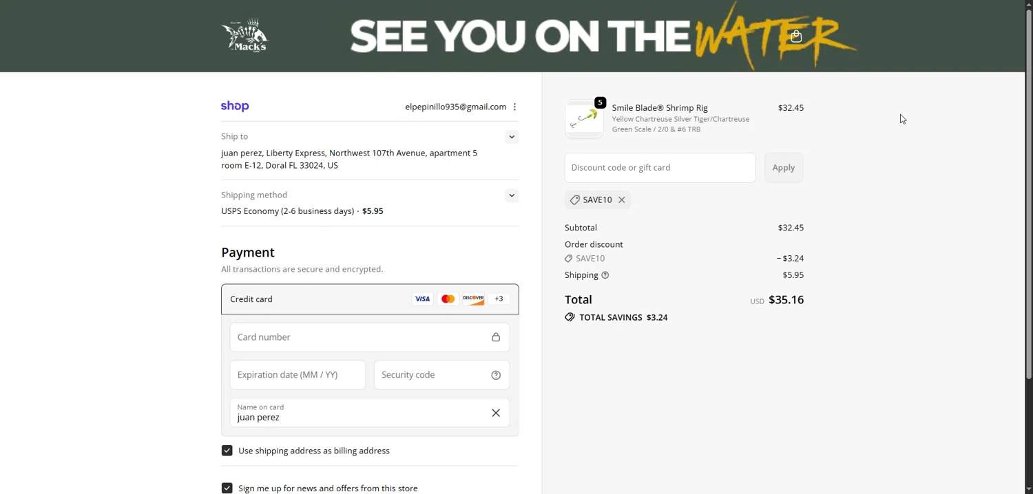 Mack’s Lure Tackle promo code screenshot showing code SAVE10 applied at Mack’s Lure Tackle checkout page. Uploaded by SimplyCodes community member varusitochambeador3 on Dec 24, 2025