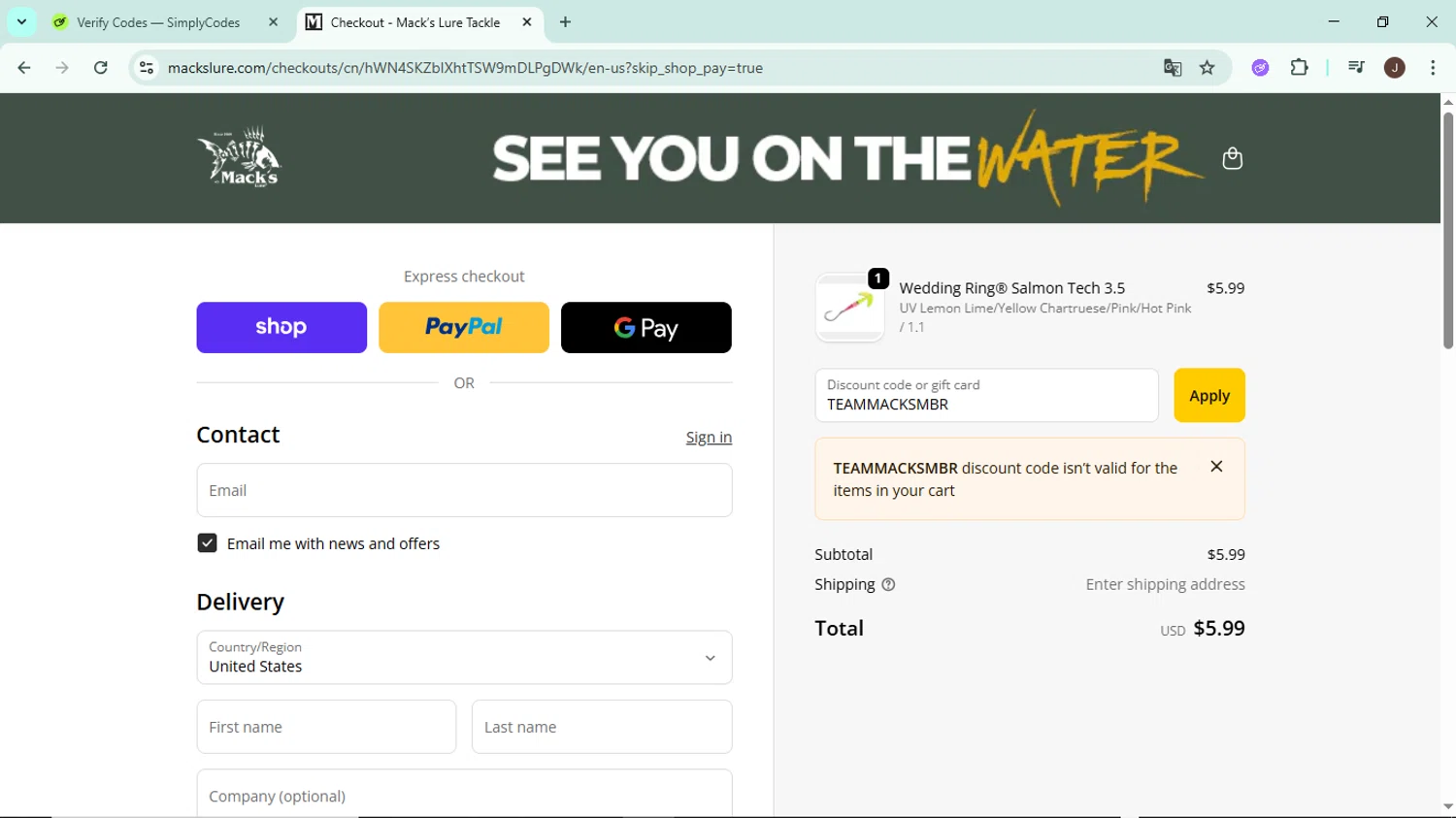 Mack’s Lure Tackle promo code screenshot showing code TEAMMACKSMBR applied at Mack’s Lure Tackle checkout page. Uploaded by SimplyCodes community member LegendaryAce8627 on Oct 23, 2025