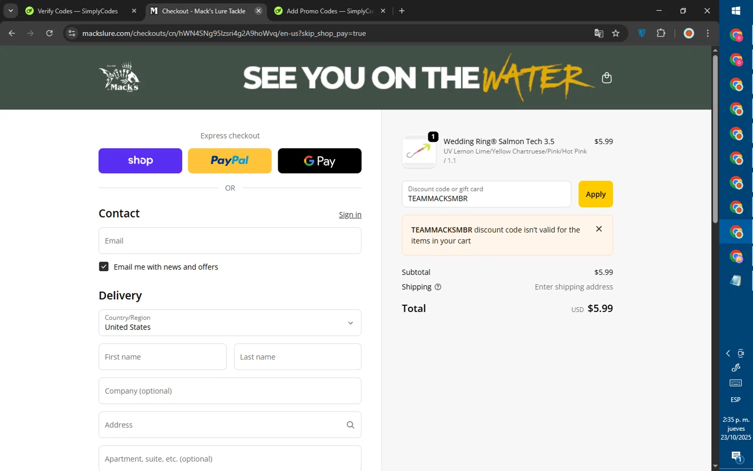 Mack’s Lure Tackle promo code screenshot showing code TEAMMACKSMBR applied at Mack’s Lure Tackle checkout page. Uploaded by SimplyCodes community member SalePhoenix823 on Oct 23, 2025