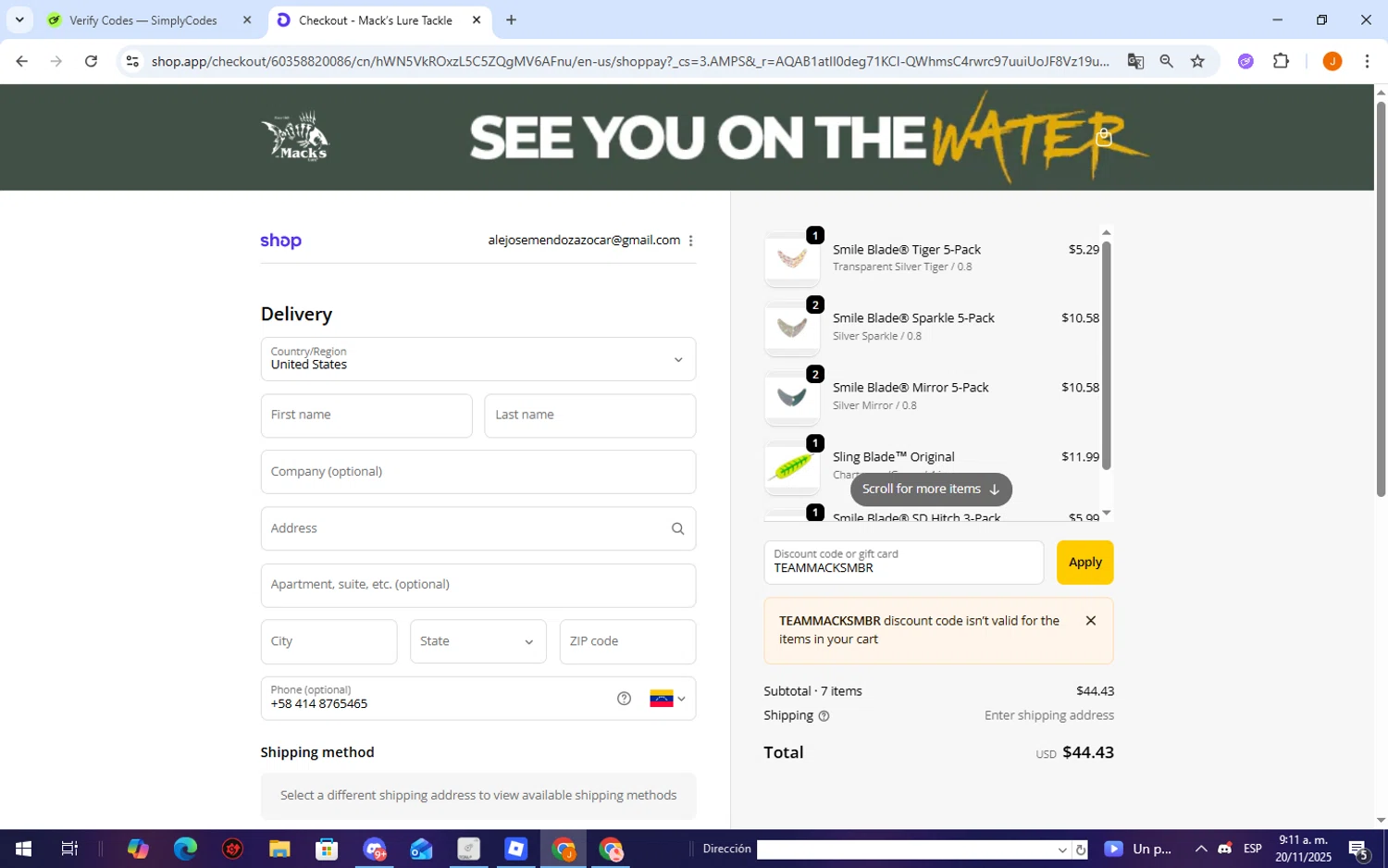 Mack’s Lure Tackle promo code screenshot showing code TEAMMACKSMBR applied at Mack’s Lure Tackle checkout page. Uploaded by SimplyCodes community member TheCreature on Nov 20, 2025