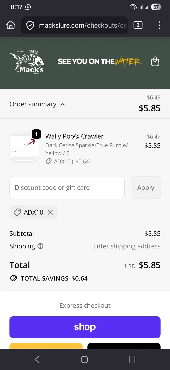 Mack’s Lure Tackle promo code screenshot showing code ADX10 applied at Mack’s Lure Tackle checkout page. Uploaded by SimplyCodes community member TULA515 on Dec 6, 2025
